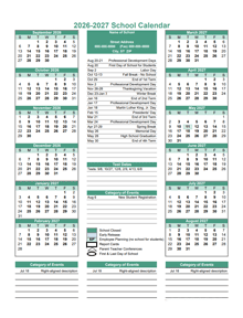 2026 Yearly School Calendar Template Editable Sep-Aug