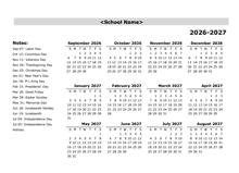 2026 Yearly School Sep-Aug Calendar With Holidays