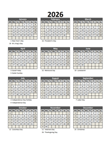 Editable 2026 Yearly Spreadsheet Calendar