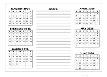6 Months Per Page Calendar Template 2026