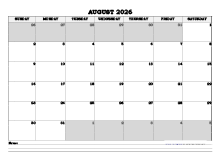 August 2026 Planner Excel