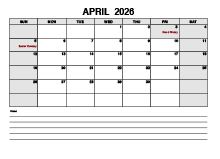 Blank April 2026 Calendar PDF