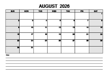Blank August 2026 Calendar PDF