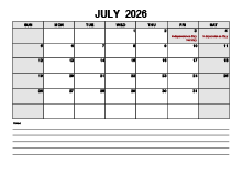 Blank July 2026 Calendar PDF