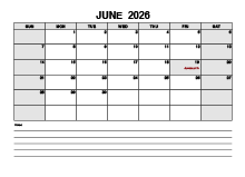 Blank June 2026 Calendar PDF