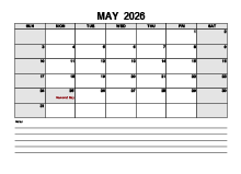 Blank May 2026 Calendar PDF