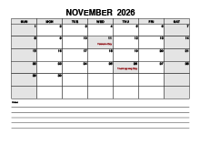 Blank November 2026 Calendar PDF
