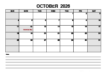 Blank October 2026 Calendar PDF