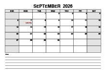 Blank September 2026 Calendar PDF