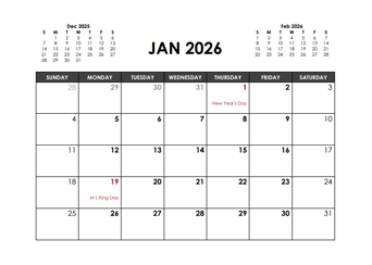 January 2026 Calendar Excel