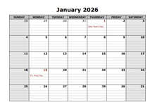 January 2026 Calendar Word