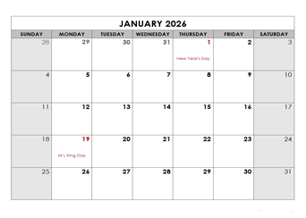 January 2026 Printable Calendar