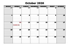 October 2026 Calendar Word