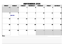 September 2026 Planner Excel
