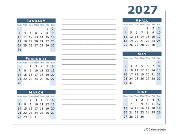 2027 Blank Two Page Calendar Template For 2027