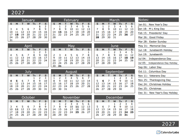 12 Month One Page Calendar Template For 2027