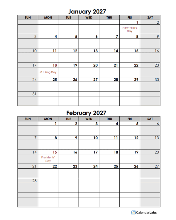 2027 2 Months Calendar Template
