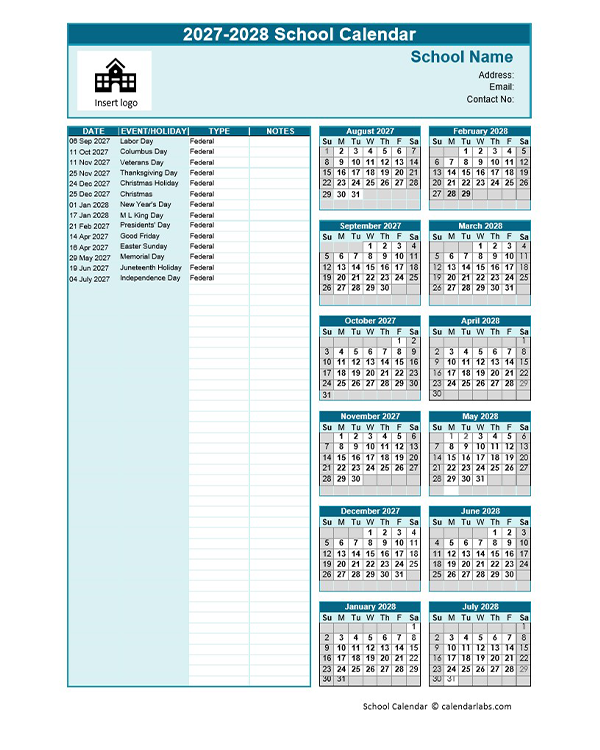2027-2028 Aug-Jul Yearly School Calendar Template Excel