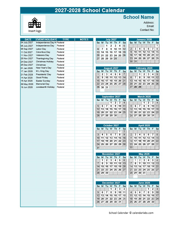 2027-2028 Jul-Jun Yearly School Calendar Template Excel