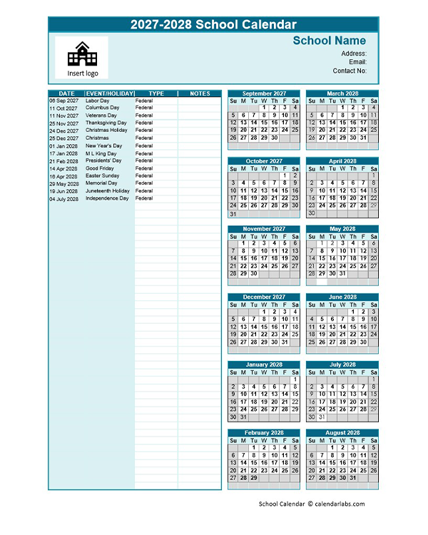 2027-2028 Sep-Aug Yearly School Calendar Template Excel