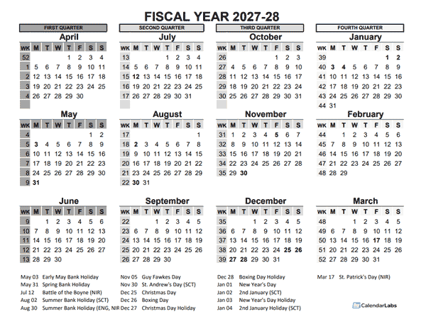 2027-28 Fiscal Year Calendar UK Template