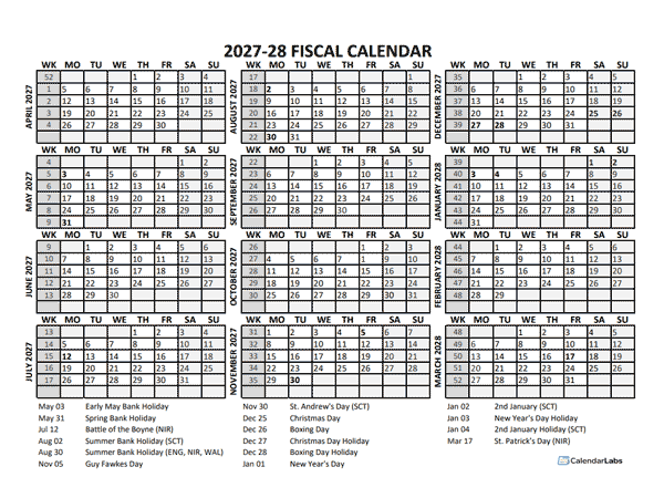 2027 Fiscal Calendar Template Starts At April