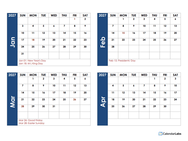 2027 Four Month Calendar Template