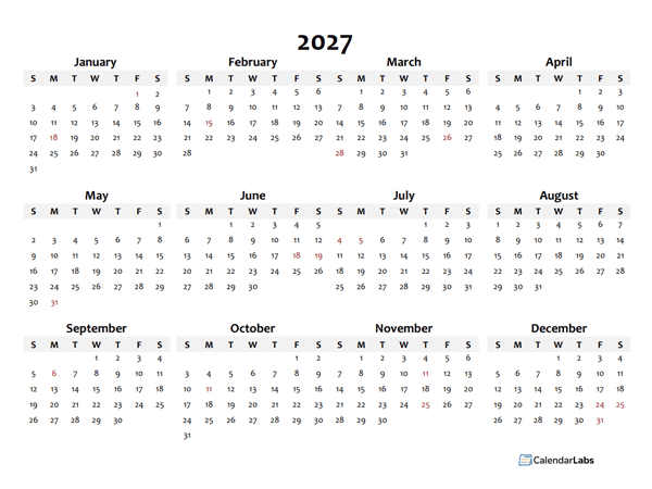 2027 Annual Blank Word Calendar Template