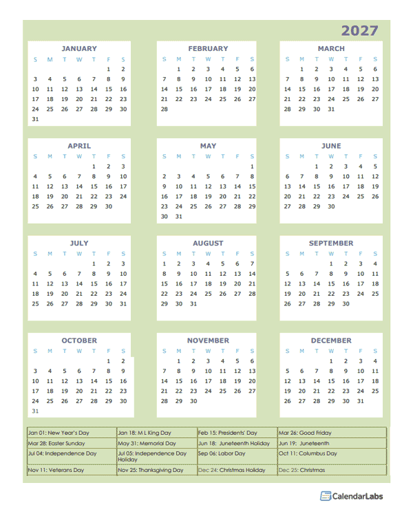 2027 Annual Calendar Design Template