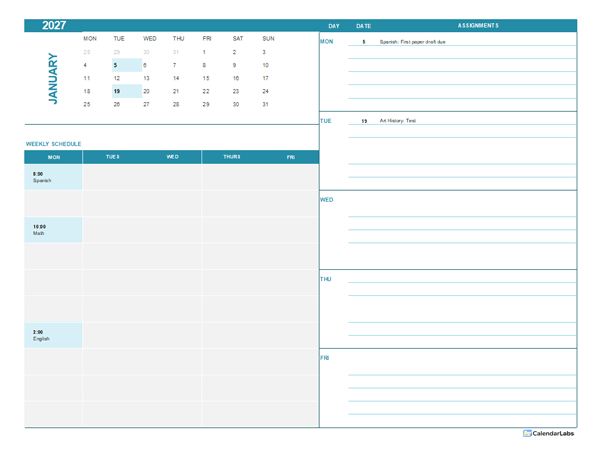 2027 Assignment Calendar For Students