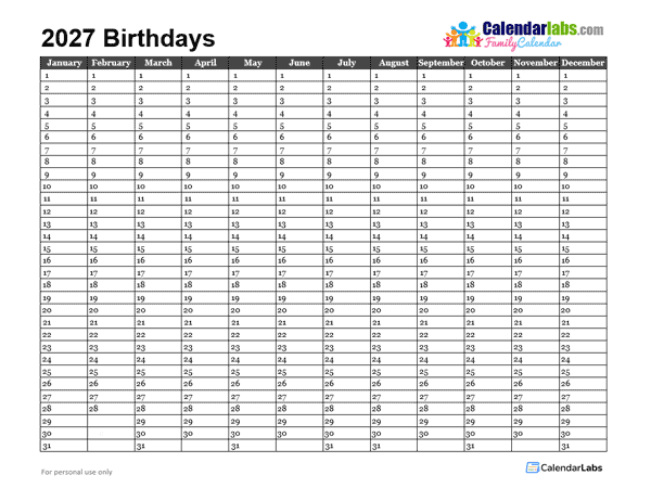 2027 Birthday Calendar Template