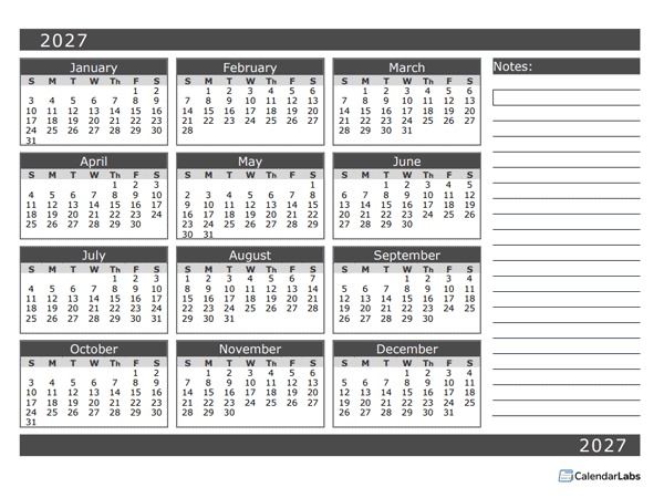 2027 Blank 12 Month Calendar In One Page