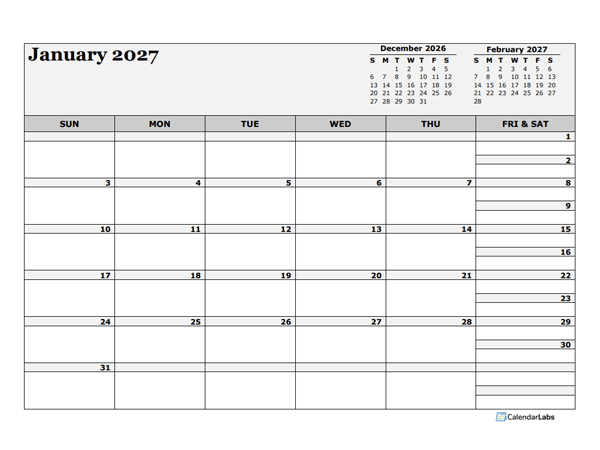 2027 Blank Three Month Calendar