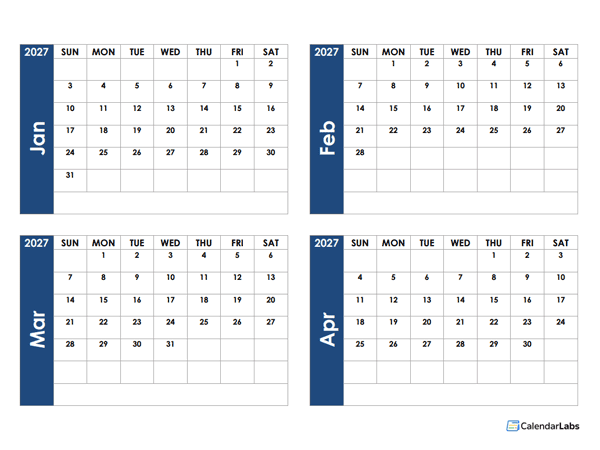 2027 Blank Four Month Calendar