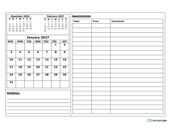 2027 Blank Appointment Calendar