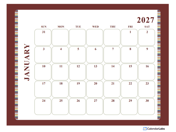 2027 Calendar Template Large Boxes