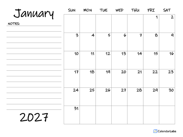 2027 Blank Calendar Template With Notes