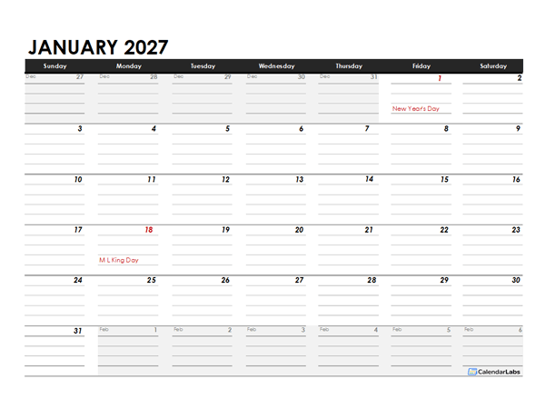 2027 Blank Mac Numbers Calendar