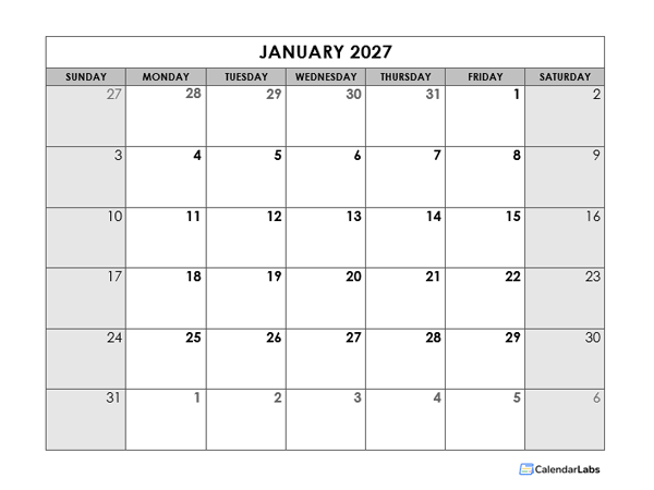 2027 Blank Monthly Calendar