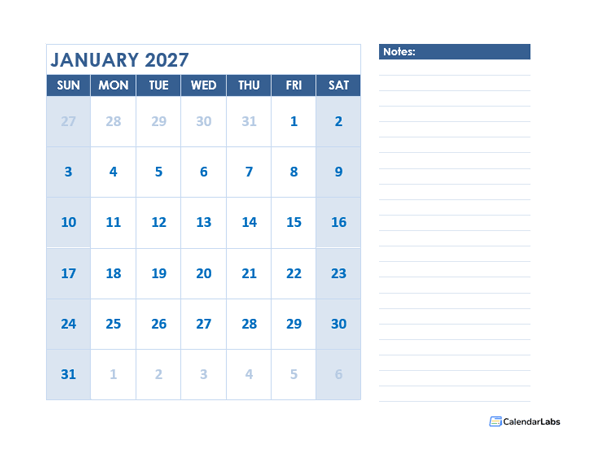 2027 Blank Printable Calendar