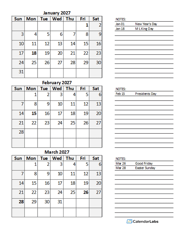 2027 Blank Printable Calendar