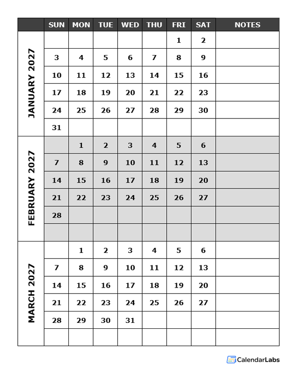 2027 Blank Quarterly Calendar