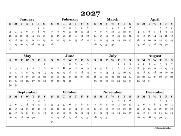 2027 Blank Yearly Calendar Template