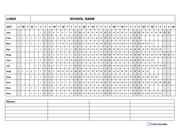 2027 Blank Landscape Yearly Calendar Template