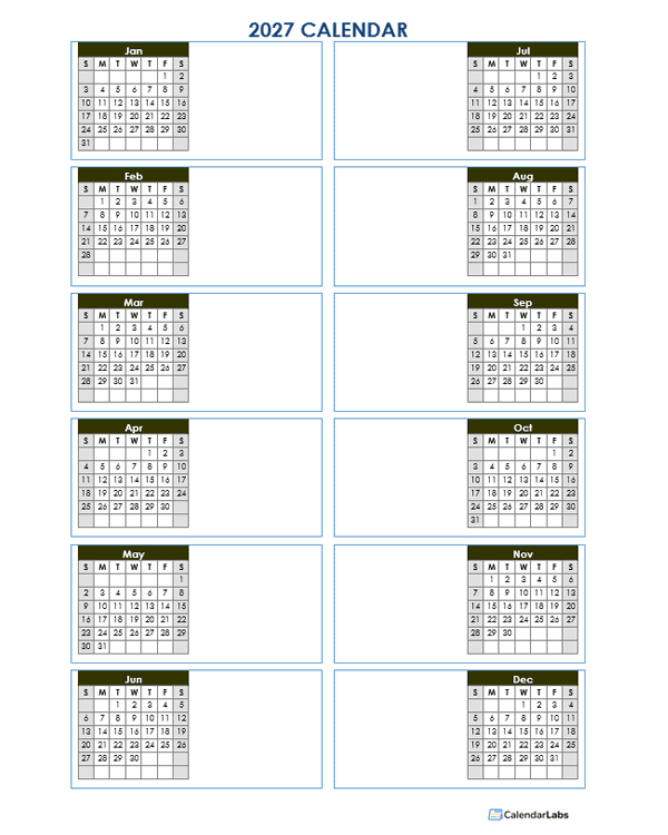 2027 Blank Yearly Calendar Template Vertical Design