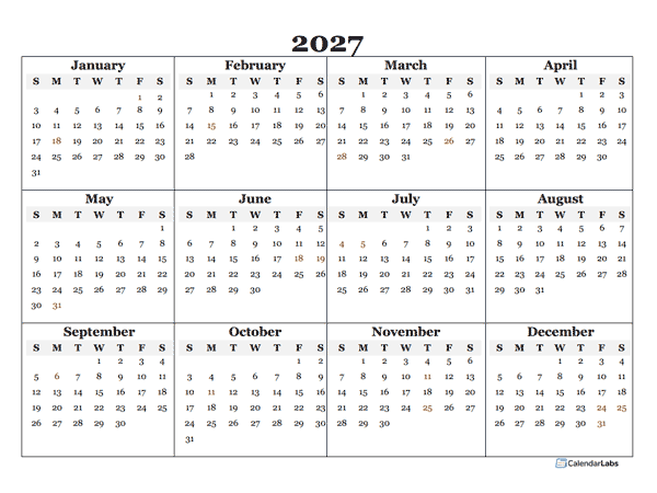 2027 Blank Yearly Calendar Template