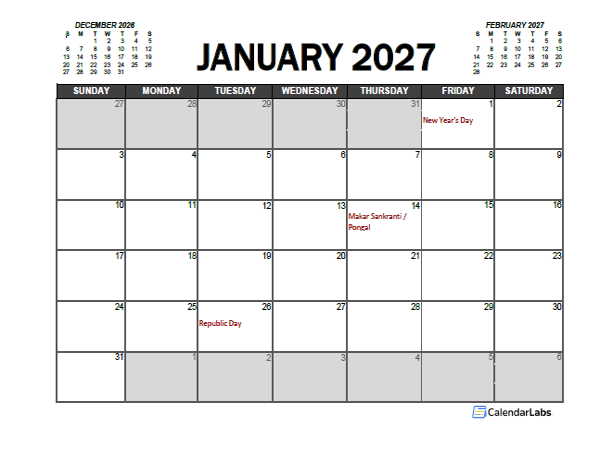 2027 Calendar Planner India Excel