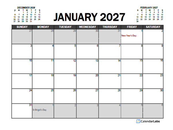 2027 Calendar Planner Ireland Excel