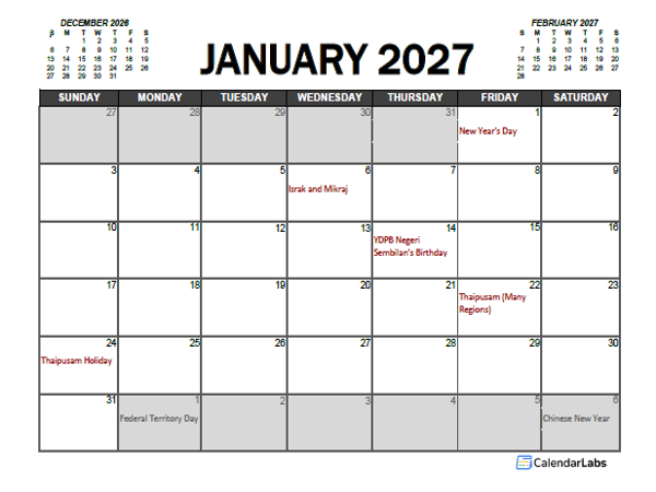 2027 Calendar Planner Malaysia Excel