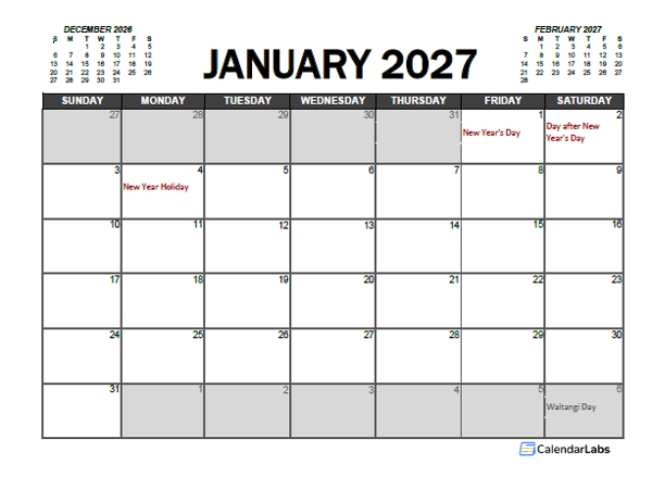 2027 Calendar Planner New Zealand Excel